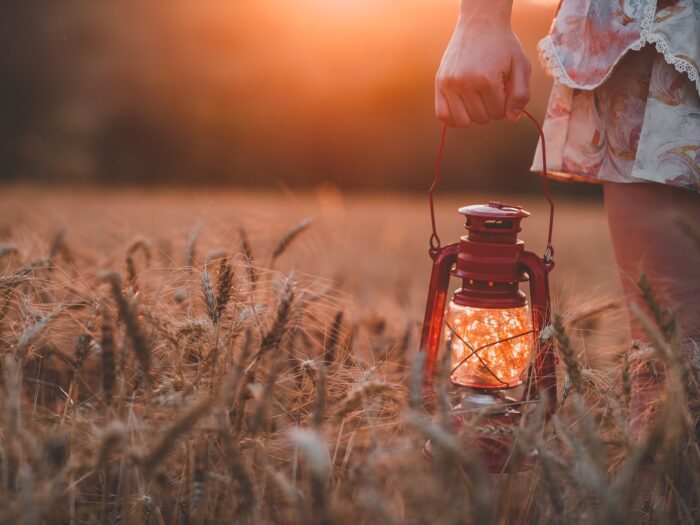 closeup photography of woman wearing floral skirt holding red gas lantern at brown grass field